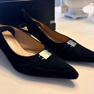CHANEL Vintage Black Suede Slingbacks Heels Silver CC Pointed Toe